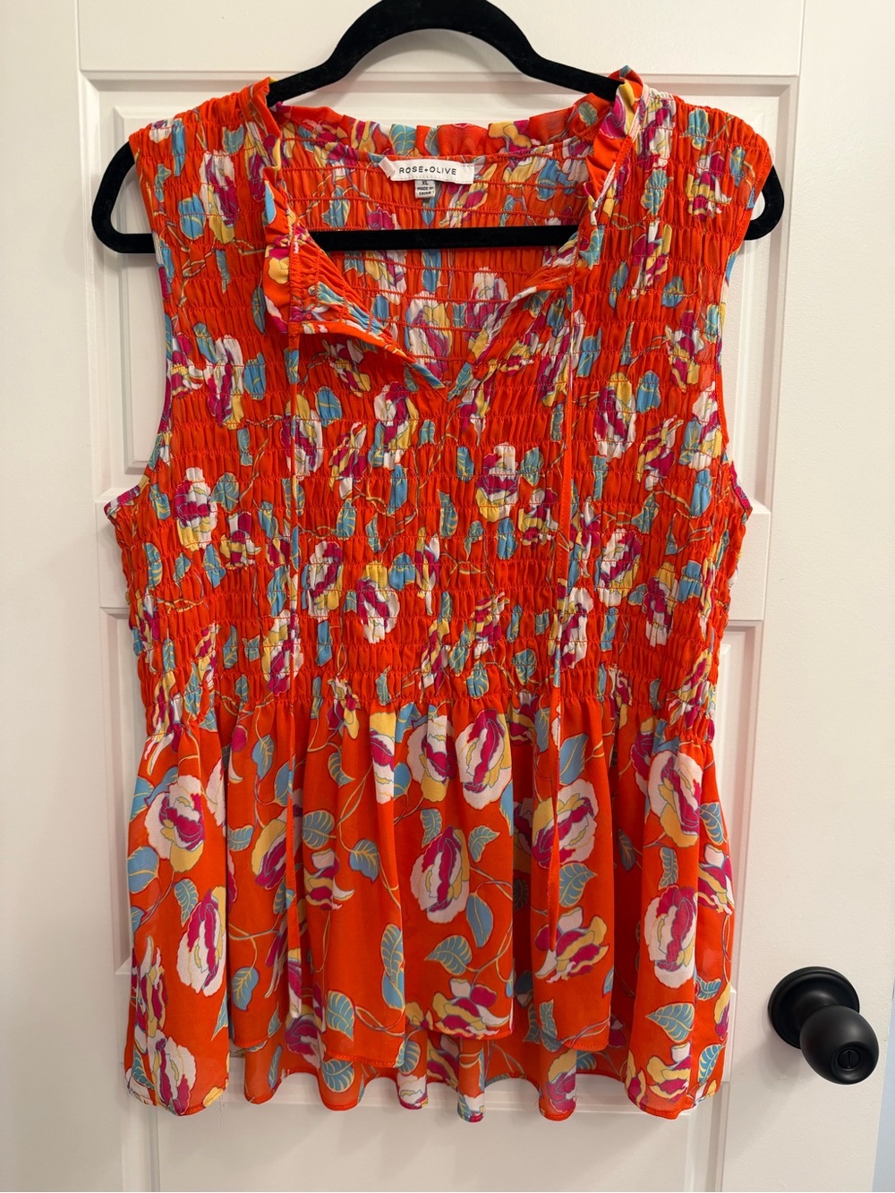 Rose + Olive XL Orange Floral Smocked Peplum Top Boho Sleeveless